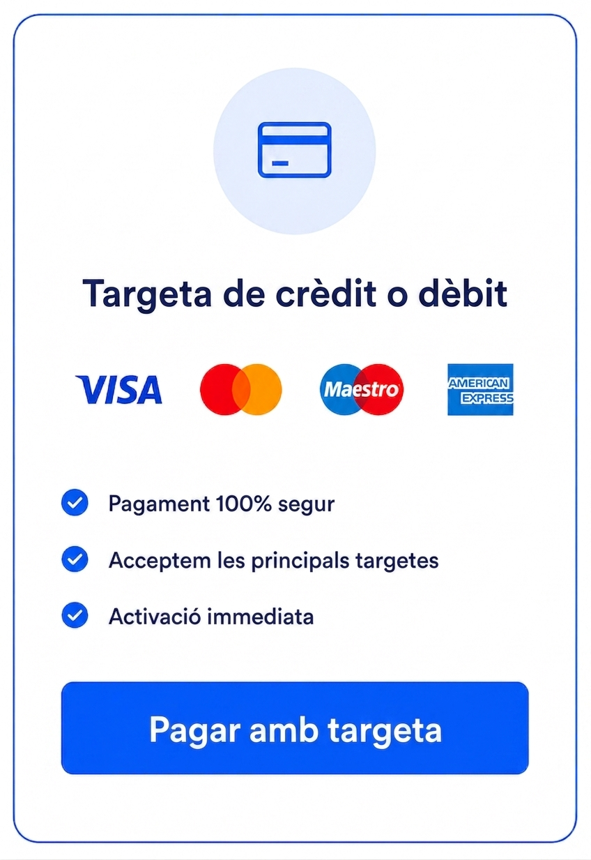 Paga de manera còmoda i segura la teva llicència d'ús TallerMatic amb la teva targeta de crèdit o dèbit amb la seguretat del teu banc.